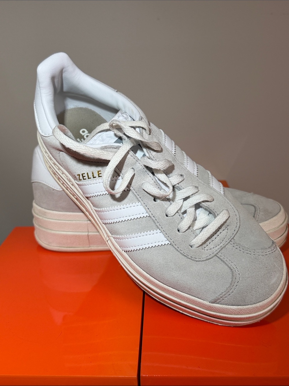 Adidas Gazelle Bold Women’s Light Gray Suede Sneakers with White Stripes - Picture 2 of 9